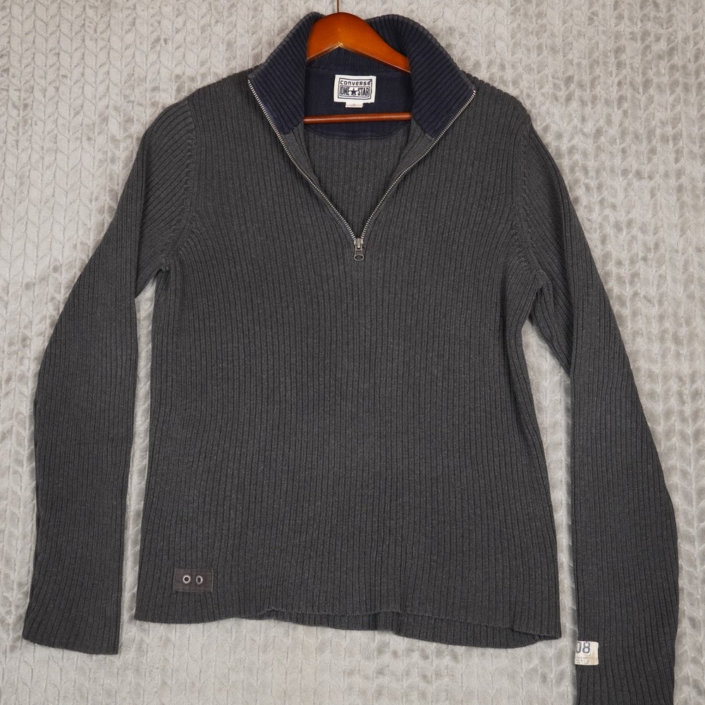 Converse One Star Sweater Mens M Grey Ribbed Quarter Zip Cotton Knit Pullover
